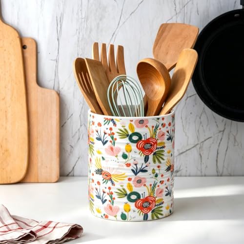 Kitchen Utensil Holder,7.2-inch Extra Large Ceramic Garden Floral Pattern Utensil Crock,Cooking Utensil Organizer for Kitchen Counter Decor,Storage Caddy Farmhouse Gift Mint Flowers