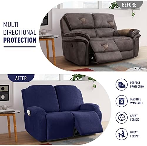 KinCam Recliner Covers, Stretch Reclining Chair Covers, Recliner Sofa Slipcovers Stripe Jacquard Recliner Couch Covers Furniture Protector Covers for Pet Kid (2 Seater, Dark Blue)