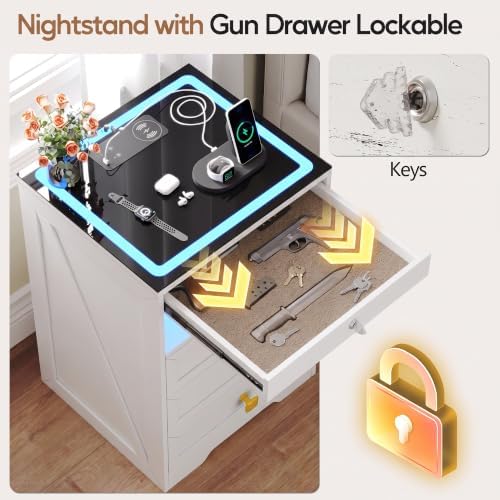 Smart LED Nightstand with Lockable Gun Drawer & Glass Top（White）