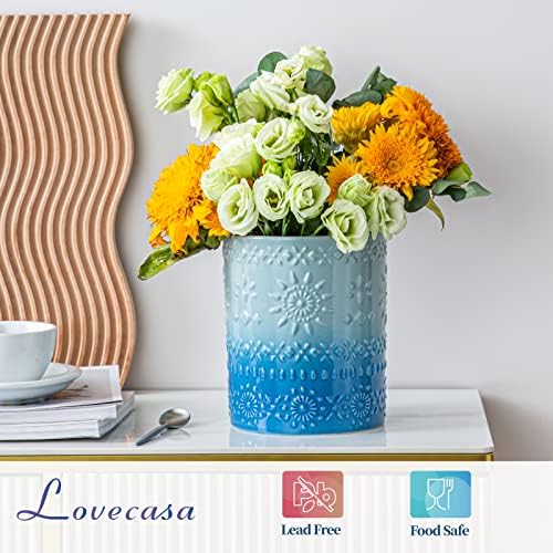 LOVECASA 7.2" Extra Large Ceramic Utensil Holder, Farmhouse Crock, Blue