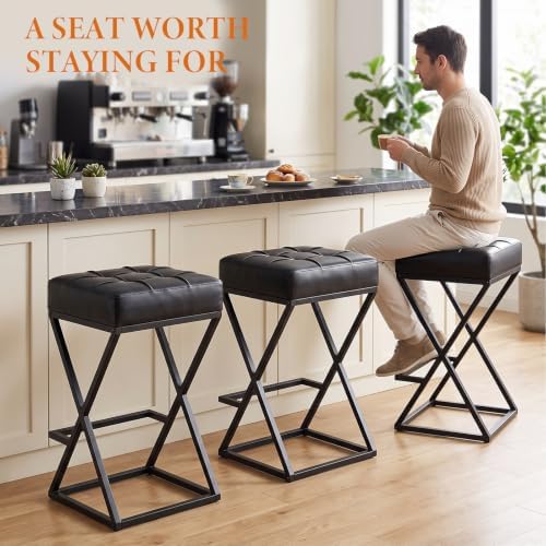 Bar Stools Set of 3, 26 Inch Counter Height Stool Faux Leather Black