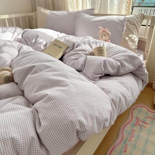 Lace Duvet Cover Set Twin(68"x86"),Lavender Gingham