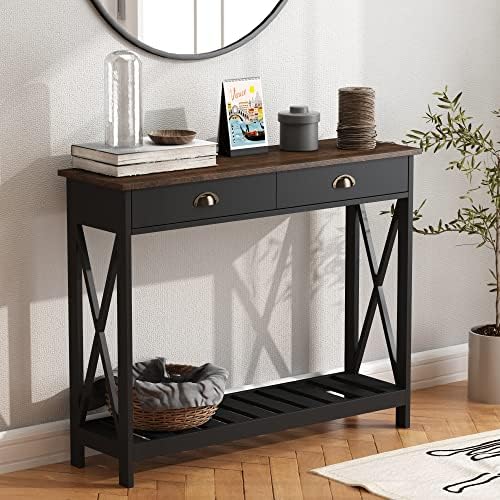 ChooChoo Farmhouse Console Table with Drawer for Entryway, Narrow Long Entry Table with Shelf for Living Room, Rustic Vintage Hallway Sofa Table with Stable X Supports, 40 Black