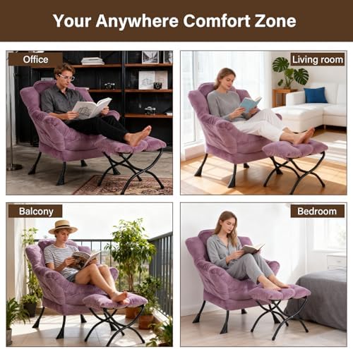 Welnow Lazy Chair with Ottoman, Reading Chair with Footrest,Mauve Purple