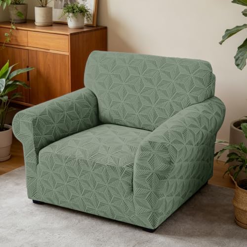 ZNSAYOTX Stretch Chair Cover, 1 Piece Couch Covers for 1 Seat Sofa, Jacquard Armchair Slipcovers with Elastic Bottom Thickened Furniture Protector for Dog Cat Pet (Small, Army Green)