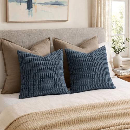 MIULEE Corduroy Decorative Throw Pillow Covers 16x16 Blue Pack of 2