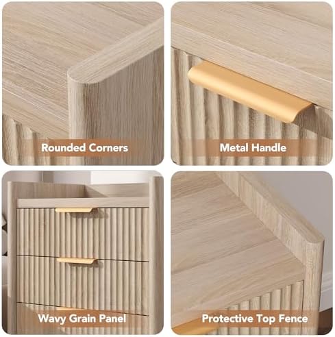 25.9" Fluted Nightstand with Charging Station, Large Bedside Table with 3 Storage Drawers and Metal Handle, Modern End Table for Bedroom, Home Office(Natural Oak)