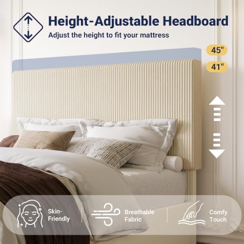 Allewie Queen Bed Frame, Adjustable Corduroy Headboard, Platform, Cream
