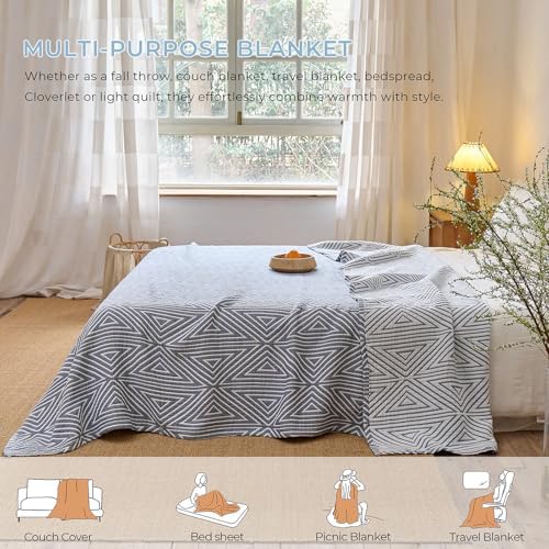 100% Cotton Geometric Reversible Muslin Blanket 60"×80" Blue