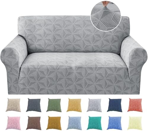 YEMYHOM 1 Piece Stretch Couch Covers for 2 Cushion Couch, Jacquard Loveseat Cover with Non-Slip Elastic Bottom, Thickened Slipcover Furniture Protector for Dogs Pets (Medium, Light Gray）