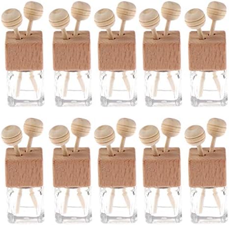 10 Pack,8ml Clear Glass Car Air Freshener Perfume Clip Diffuser,Empty Essential Oil Perfume Vials Diffuser Vent Outlet,Thick Glass Ornament With Wooden Caps,FREE Funnel,Dropper