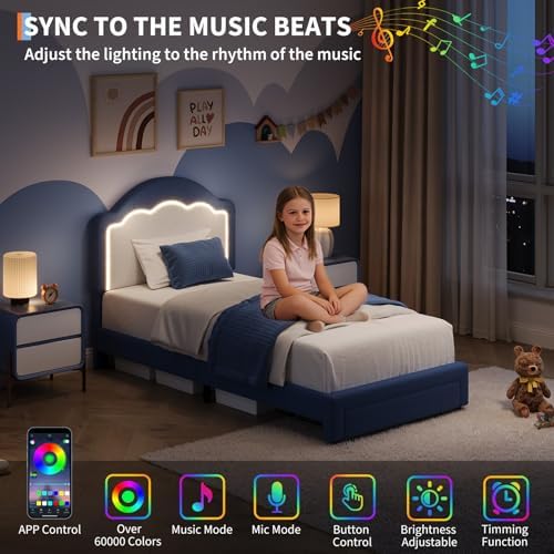 Twin Size Kids Upholstered Platform Bed Frame with Adjustable LED Headboard