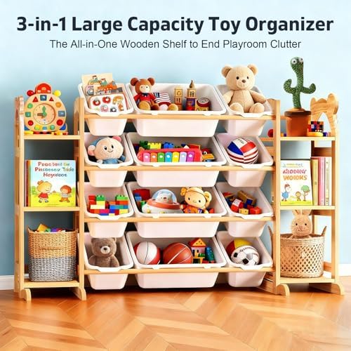 Toy Storage Organizer with 6 Shelves and 12 Bins, Toy Organizers and Storage Shelf with Bookshelf and Bookcase, Toys Box for Kids Room & Playroom & Bedroom & Nursery
