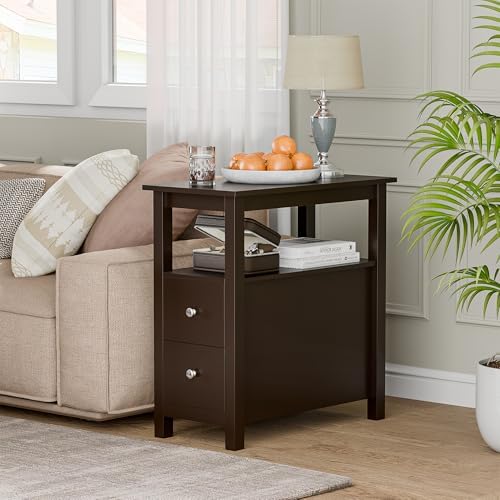 ZENY Narrow End Table Set of 2 Side Table with Drawer and Open Shelf Sofa Table for Living Room Bedroom, Small Table for Bedside, Couch, Espresso