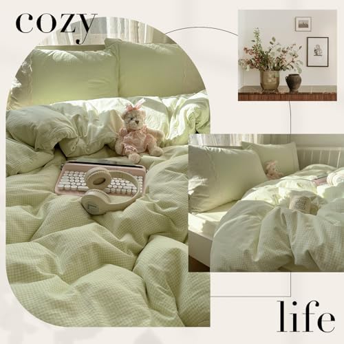mixinni Green White Gingham Duvet Cover Twin XL Size - 3 Piece Cottagecore Plaid Bedding Set with Lace Trim, Soft Washed Microfiber Vintage Aesthetic Grid Comforter Cover & Pillow Shams
