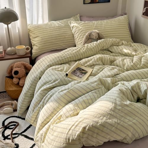 Vintage Striped Duvet Cover Full Size 3Pcs Washed Cotton Retro Bedding Set