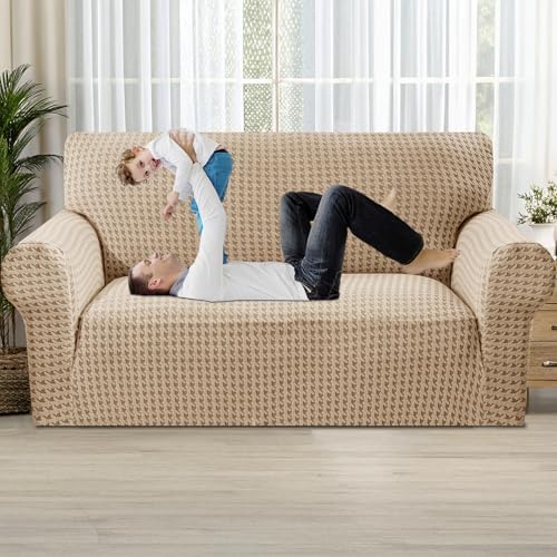 MAXIJIN Stretch Loveseat Couch Cover for 2 Cushion Couch (55"-69" Washable Sofa Slipcovers with Non-Slip Foam & Elastic Strap, Dog Cat Pet Friendly Furniture Protector (Medium, Khaki)