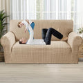 MAXIJIN Stretch Loveseat Couch Cover for 2 Cushion Couch (55"-69" Washable Sofa Slipcovers with Non-Slip Foam & Elastic Strap, Dog Cat Pet Friendly Furniture Protector (Medium, Khaki)