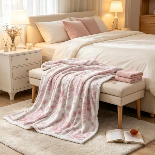 Botanical Floral Blanket, Soft, Flannel, Warm, Boho Floral Bed Blanket All Season Flower Throw Blanket for Couch Bedroom Living Room, Pink 50X60 Inch