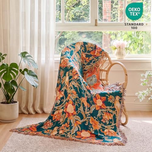 MSGKV Boho Throw Blanket 50"x60" Cotton Bird Floral Blanket for Couch