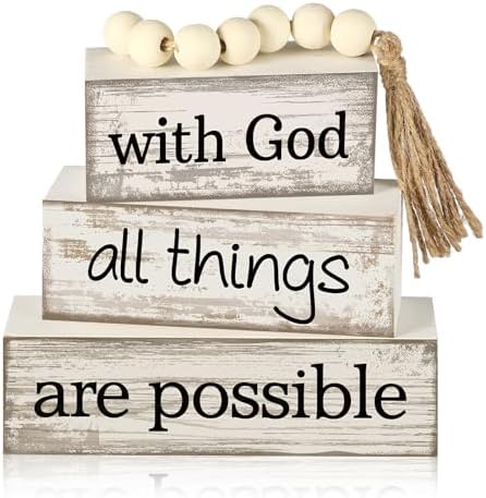 Yuntau 4 Pcs Farmhouse Christian Table Decor with Beads Tassel Block Sign