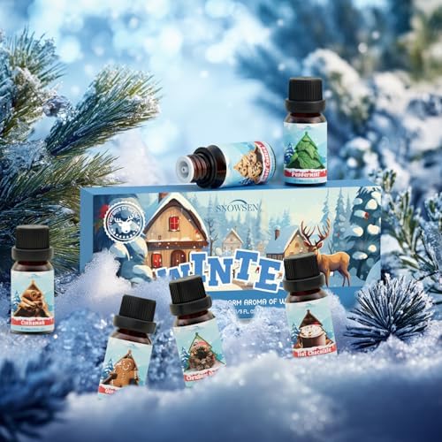 Winter Essential Oil Set, 6x10ml Fragrance Oils for Diffuser & Candle Making - Christmas Wreath, Gingerbread, Sugar Cookies, Hot Chocolate, Peppermint, Cinnamon Aromatherapy Oils for Home