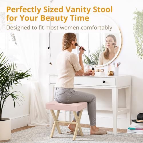 LUE BONA Vanity Stool, Square Linen Makeup Stool with Metal X Legs, Small Ottoman Stool Chair for Vanity, Modern Padded Vanity Seat Foot Rest Stool for Makeup Room, Bathroom, Pink Color