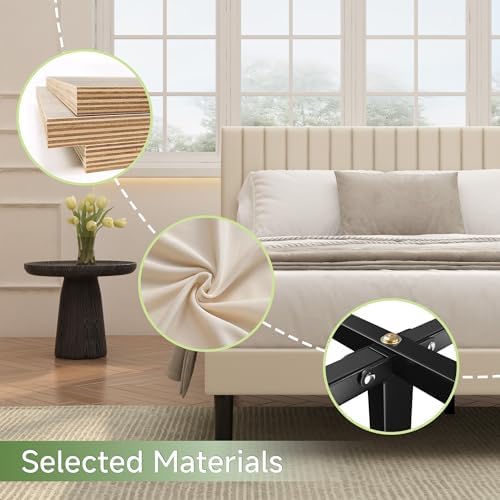 King Velvet Bed Frame with Vertical Channel Tufted Headboard Beige