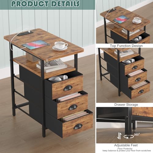 sthmec End Table with Charging Station, Side Tables Livingroom with USB Ports and Outlets,Narrow Nightstands Bedside Tables with 3 Drawers for Small Space,Slim Sofa Table Bedroom,Rustic Brown
