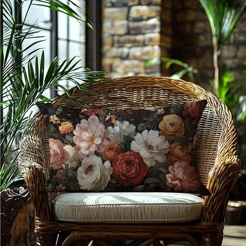 Vintage Moody Dark Floral Throw Pillow Covers 12x20,Rustic Farmhouse Decor,Dark Academia Flower Botanical Decorative Throw Pillow Covers for Home Bedroom Living Room Double-Sided