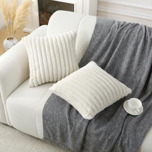 Decorative Throw Pillow with Inserts, Set of 2 Soft Faux Fur Throw Pillows, Boho Striped Pillow for Couch, Bed, Sofa Decor (Beige, 22" x 22"(Pack of 2))