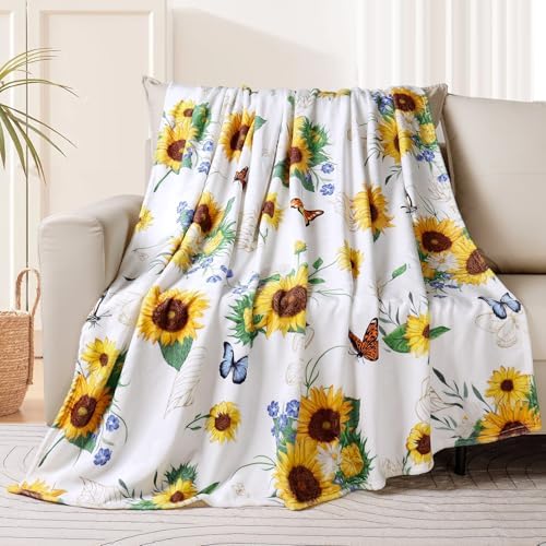 Sunflower Throw Blanket Ultra Soft Butterfly Floral Blanket Cozy Flannel Fleece Bed Blanket Lightweight Fuzzy Plush Flowers Couch Cover Sunflowers Gifts Throw Decor for Women Girls 60" X 80"