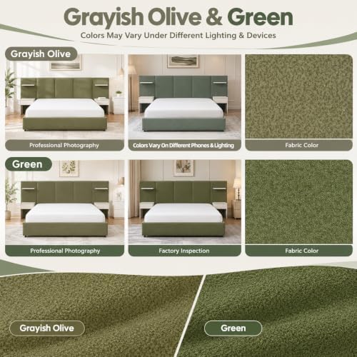 Queen Bed Frame with Storage & Built-in Nightstands & Drawer, Grayish Olive