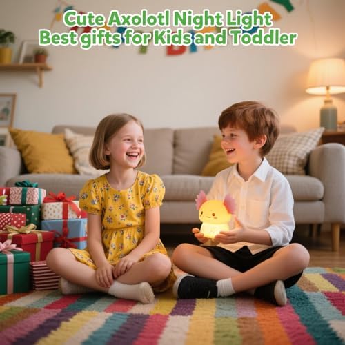Axolotl Night Light for Kids, Rechargeable Bedroom Bedside Lamp, Night Lamp for Kids Room, Dimmable Nursery Night Light,Girls Boys Room Decor 3 Level Brightness,Animal NightLight for Baby and Toddler