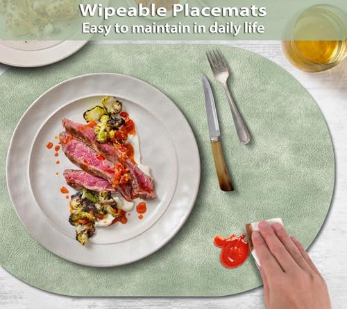 ADRIMER Oval Placemats Set of 6, Wipeable Faux Leather, Green