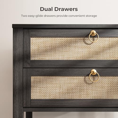 SICOTAS Rattan Nightstand Set of 2, Wide Boho Bedside Table with 2 Drawers