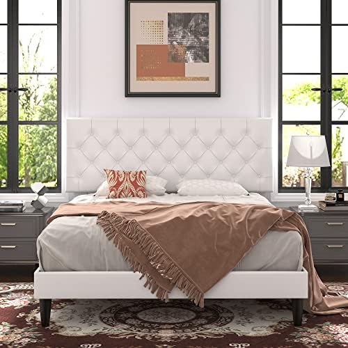 Allewie Queen Size Platform Bed Frame, Adjustable Faux Leather Headboard with Diamond Stitch and Button Tufted, Sturdy Wood Slats, Easy-Assembly, No Box Spring Needed, Off-White