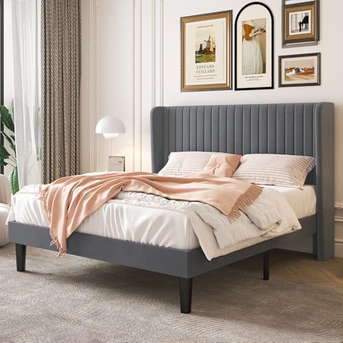 SHA CERLIN Full Size Velvet Bed Frame, Tufted Wingback Headboard, Grey