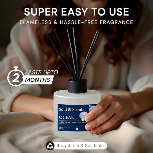 Soul & Scents Reed Diffuser Set – Ocean | 7.43 oz Refillable Scented Oil with 6 Fiber Sticks | Long-Lasting Home Fragrance & Air Freshener for Bedroom, Bathroom, Office | Gift & Décor Piece