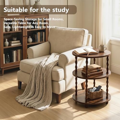 Round Side Table, 3-Tier End Table with Storage, Rustic Brown