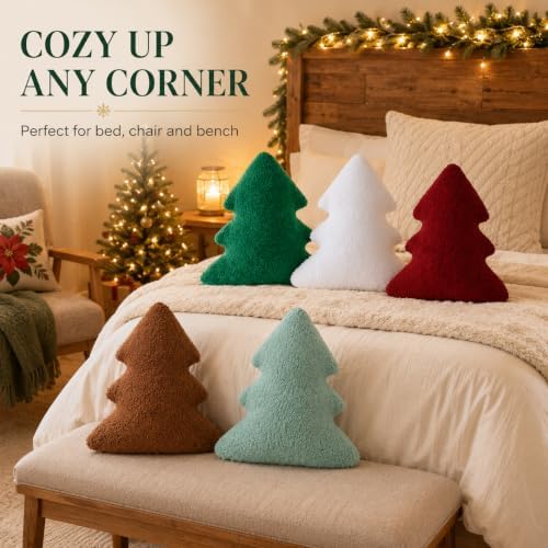 Cumule 5 Pcs Christmas Throw Pillows Cute Xmas Tree Shaped Plush Pillow for Christmas Winter Holiday Party Outdoor Bedroom Cushion Decoration