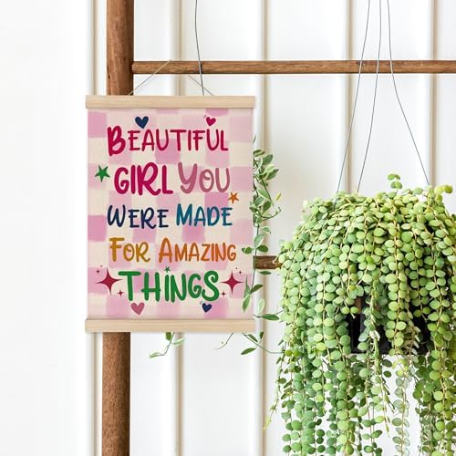 MAQIKA Inspirational Girls Room Poster Framed with Wood Hanger, Pink Girl Nursery Hanging Wall Decor, Motivational Canvas Wall Art Paints for Kids Toddler Girl Nursery Room Bedroom, 12x16 Inch