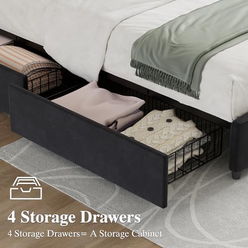 VECELO King Size Bed Frame with 4 Storage Drawers, Adjustable Height Headboard, Heavy-Duty Bedframe with Strong Wooden Slats, No Box Spring Needed, Black