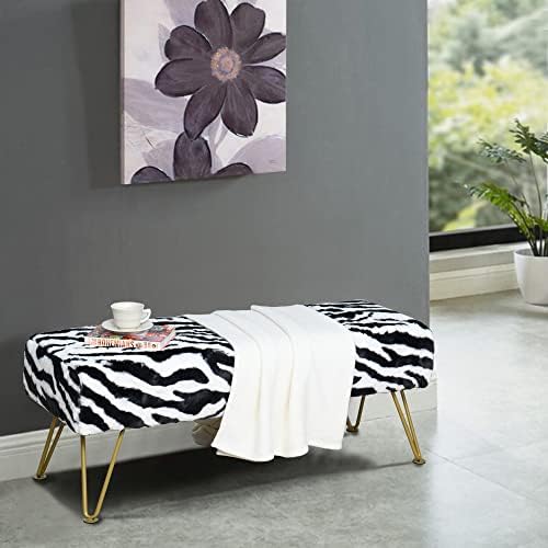 Zebra Print Long Rectangle Faux Fur Ottoman 46"x16"x17" Entryway Bench Soft Furry Footrest Stool Accent Seating Bench Bedroom End of Bed Fuzzy Table for Living Room Closet with Golden Legs