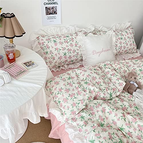 Pink Flower Duvet Cover Set,100% Cotton,Queen(90"x90"),White Ruffled
