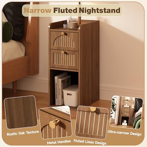 9.84" Narrow Nightstand Set of 2, Fluted Slim Bedside Table with 2 Drawers, Mid Century Modern Small End Table with Gold Metal Handles, for Bedroom, Living Room & Small Spaces - Walnut