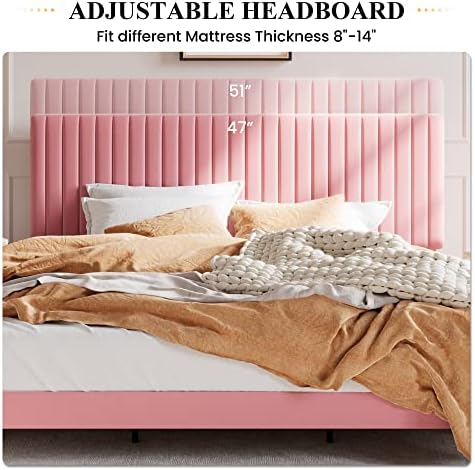 SHA CERLIN King Upholstered Platform Bed Frame with Adjustable Headboard/Vertical Channel Tufted Velvet Fabric/Wooden Slats Support/Mattress Foundation/Box Spring Optional/Pink