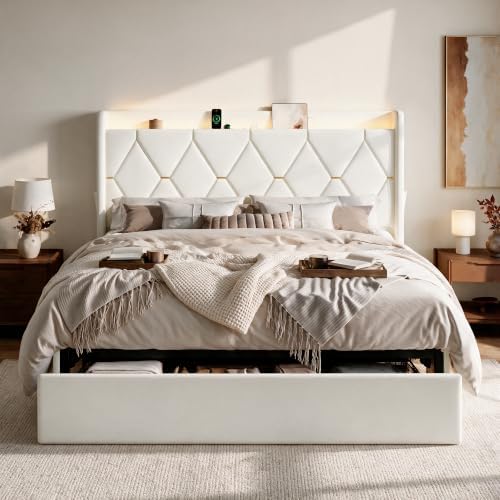 SHA CERLIN King Size Bed Frame with Storage Drawer & LED Lights, White