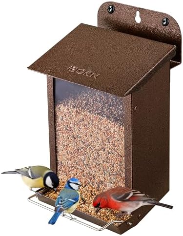 iBorn Bird Feeder for Outdoors, Wall Mounted Bird Feeder Weatherproof Metal Roof, Heavy Duty Metal Birdfeeder for Tree, Fence, Wall Screwed-in Mounting, All Detachable Easy Clean,1.3Lbs, Coffee