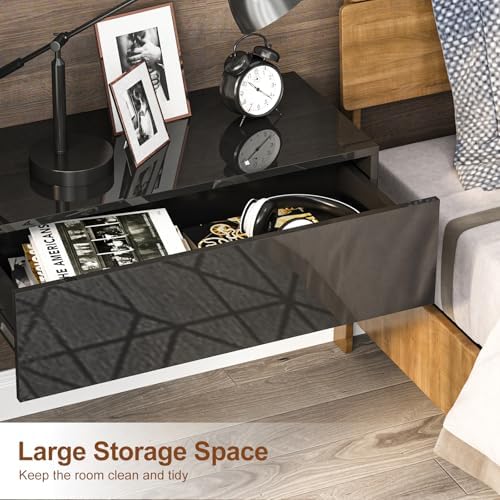 HedoAjim Black Modern Floating Wall Mounted Nightstand with Drawer Storage Wood Bedside Table Small Wall Shelf for Bedroom Living Room